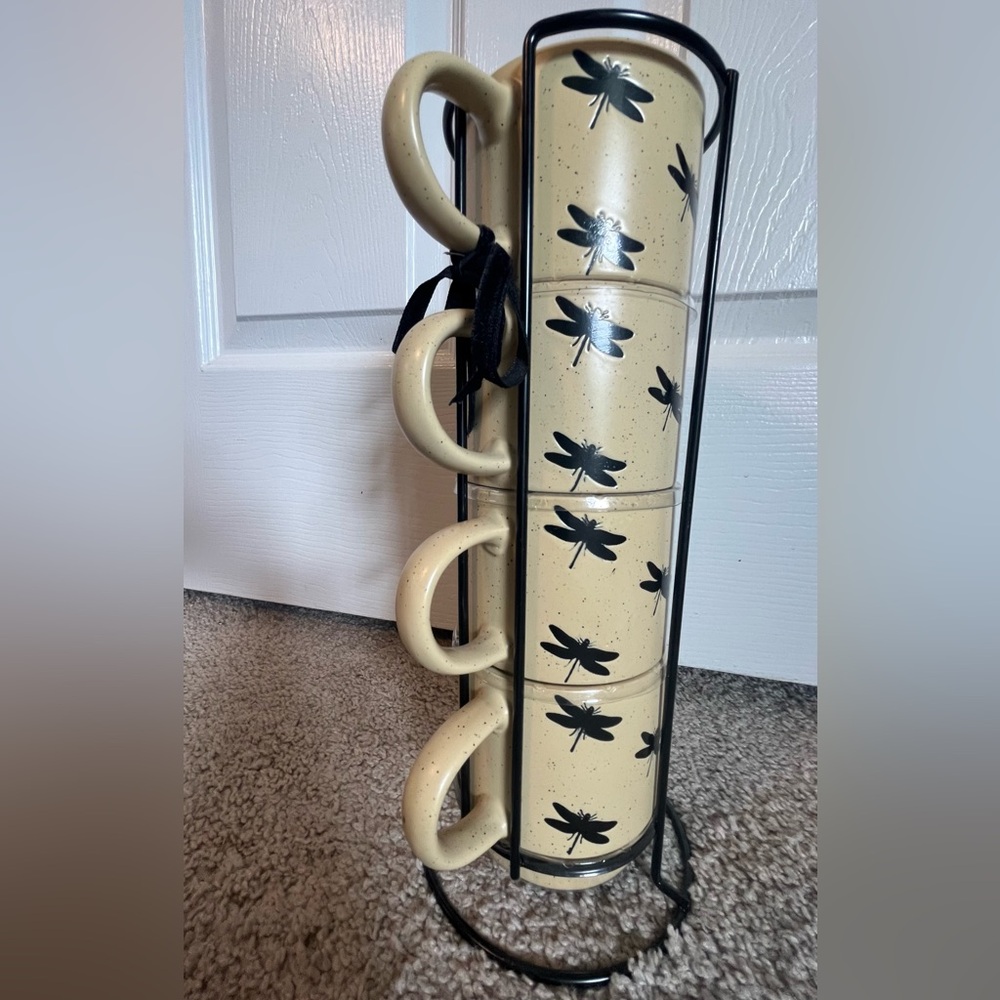 NWT Dragonfly Design Stacking Coffee Mugs with Stand - Picture 3 of 9